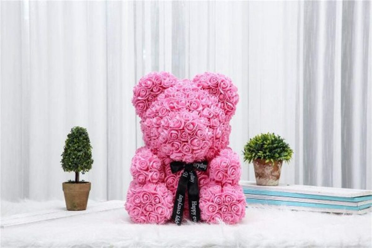 Rozen Beer Roze + Strik XXL 70 cm (Extra groot) {Rozen liefdes Teddybeer voor jou geliefde! Rose Bear Knuffelbeer gemaakt van roosjes – I Love You beer met hartje – XL Groot Cadeau}